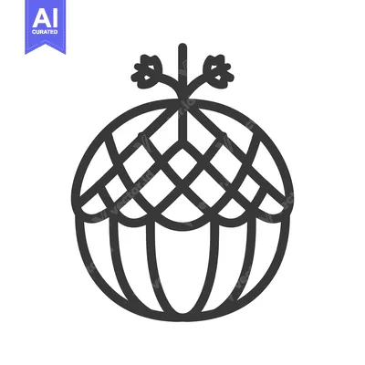 A stylized black line drawing of a decorative acorn graphic