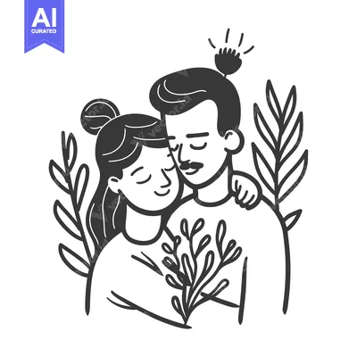 Premium design asset: A Couple Embracing with Flowers and Leaves Surrounding Them