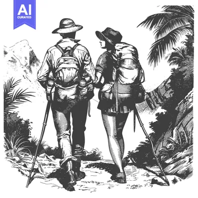 Aset desain premium: A Couple Hiking Through a Tropical Jungle
