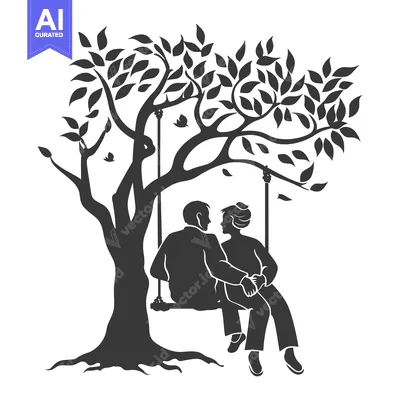 A Couple Silhouetted on a Swing Under a Leafy Tree