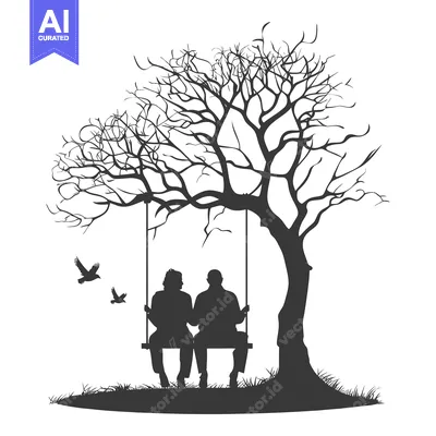 Aset desain premium: A Couple Sitting on a Swing Under a Bare Tree