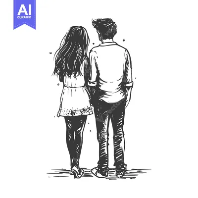 Aset desain premium: A Couple Standing Back to Back in a Hand Drawn Sketch