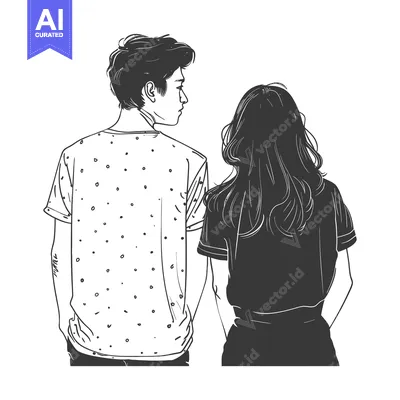 Aset premium populer: A Couple Standing Back-to-Back in a Simple, Modern Illustration