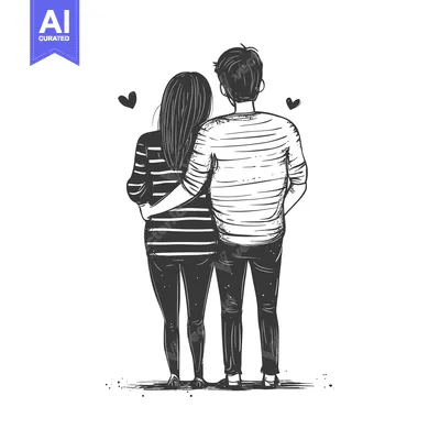 Aset desain premium: A couple standing back to back with their arms around each other