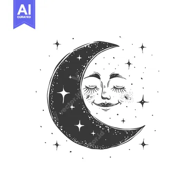 A crescent moon with a face and closed eyes surrounded by stars