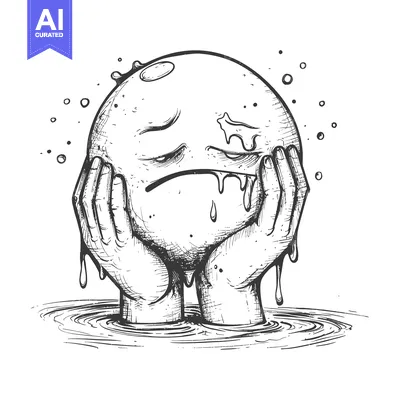 Aset desain premium: A Crying Earth Globe With Tears Dripping Into Water