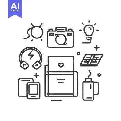 Aset desain premium: Minimalist Line Art: Creative Workspace Essentials with Camera, Coffee