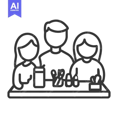 Aset premium populer: Three people sit at a table with drinks and objects