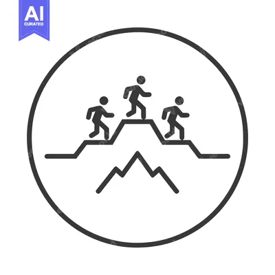 Premium design asset: Teamwork Ascending: Minimalist Icon of Three Figures Conquering Peaks,