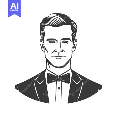 A formal portrait illustration of an elegant man in a tuxedo