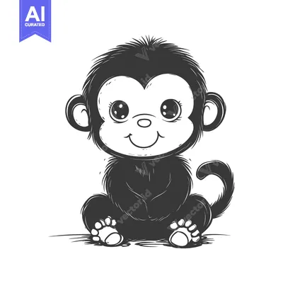 Aset premium populer: A Cute Black and White Cartoon Monkey Sitting with a Smile