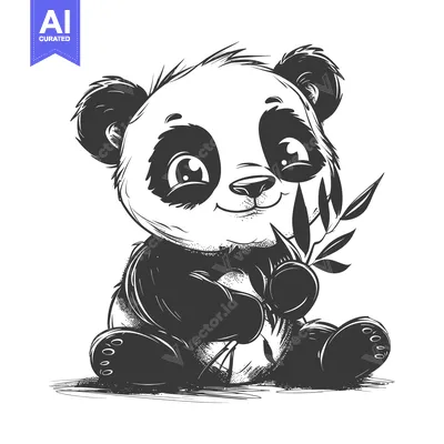 Aset desain premium: A Cute Black and White Cartoon Panda Holding Bamboo