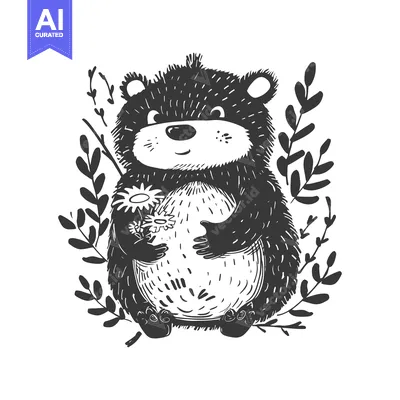 Aset premium populer: A Cute Black and White Hand-Drawn Bear Holding Flowers
