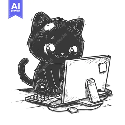 A Cute Black Cat Uses a Computer with a Big Screen