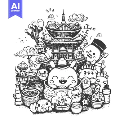 Aset premium populer: A Cute Cartoon Character with a Japanese Pagoda and Surrounding Elemen