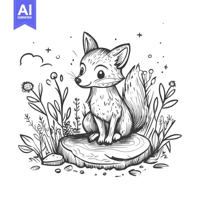 Popular premium asset: A Cute Cartoon Fox Sitting on a Tree Stump Surrounded by Plants and Fl