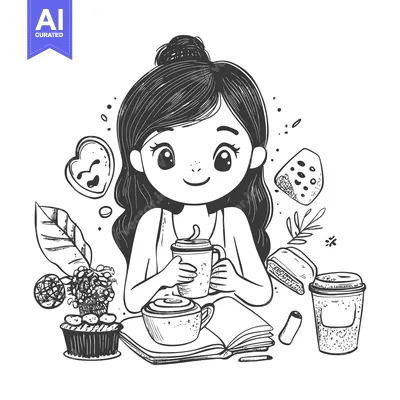 Aset premium populer: A Cute Girl with a Bun Enjoying Coffee and a Book