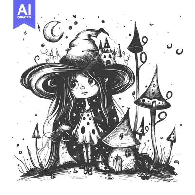 Aset premium populer: A Cute Witch with Big Eyes Standing in Front of a Mushroom House
