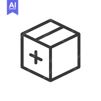Aset desain premium: Minimalist Box Icon with Plus Sign, Dark Gray Outline on White Backgro