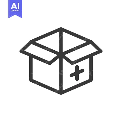 Aset premium populer: Minimalist Open Box Icon with Plus Sign, Dark Gray Outline on White Ba