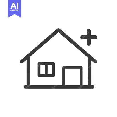 Aset desain premium: Minimalist Medical Home Icon: Simple House with Plus Sign Symbolizing