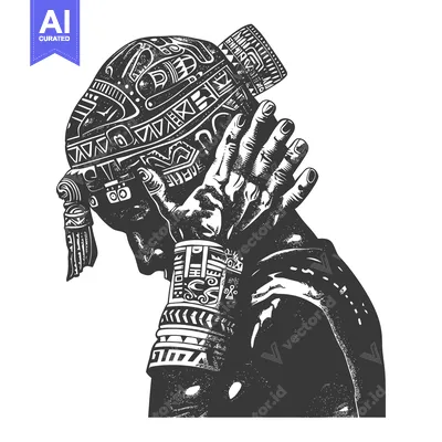 Aset desain premium: A Depiction of a Native American Man with Elaborate Headwear and Jewel