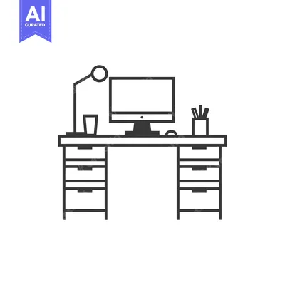 A Desk With A Computer, Lamp, Pencil Holder, And Drawers