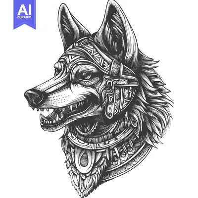 Premium design asset: A Detailed Black and White Drawing of a Wolf's Head Wearing Ornate Jew