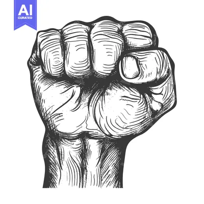 Aset desain premium: A Detailed Black And White Hand-Drawn Illustration Of A Raised Fist
