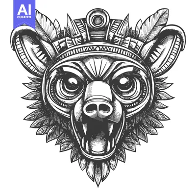 Aset desain premium: A Detailed Black and White Illustration of a Bear's Face with Feathers