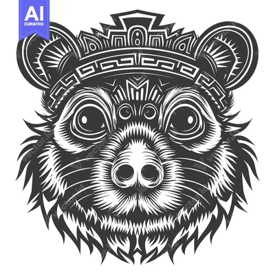 Aset desain premium: A Detailed Black and White Illustration of a Bear's Head with a Geomet