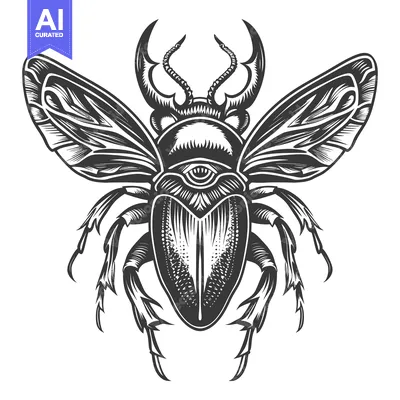 Aset premium populer: A detailed black and white illustration of a beetle with an all-seeing