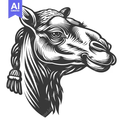 Aset premium populer: A Detailed Black and White Illustration of a Camel's Head