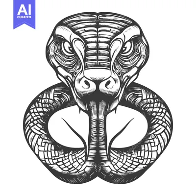 A Detailed Black and White Illustration of a Cobra's Head and Neck