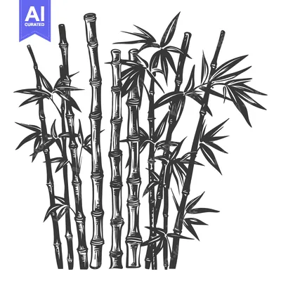 Aset desain premium: A Detailed Black and White Illustration of a Dense Patch of Bamboo Sta