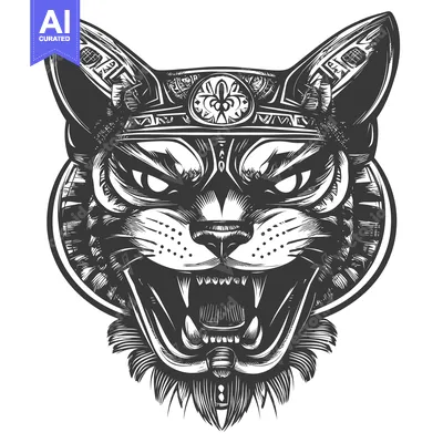 Aset desain premium: A Detailed Black and White Illustration of a Ferocious Cat's Head