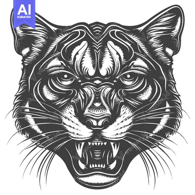 Aset desain premium: A Detailed Black and White Illustration of a Ferocious Cougar Head wit