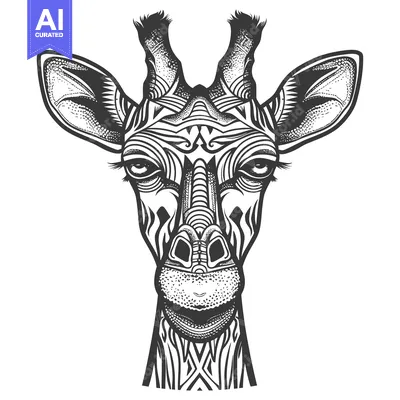 Aset premium populer: A Detailed Black and White Illustration of a Giraffe's Head