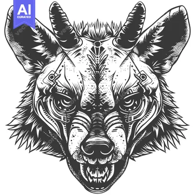Aset desain premium: A Detailed Black and White Illustration of a Growling Hyena Head