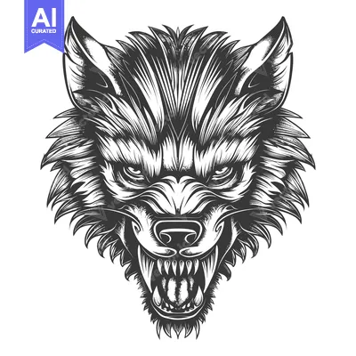 Aset premium populer: A Detailed Black and White Illustration of a Growling Wolf's Head