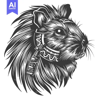 Aset desain premium: A Detailed Black and White Illustration of a Guinea Pig with Tribal Ad