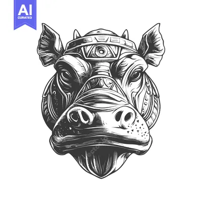 Aset premium populer: A Detailed Black and White Illustration of a Hippopotamus Head with Tr