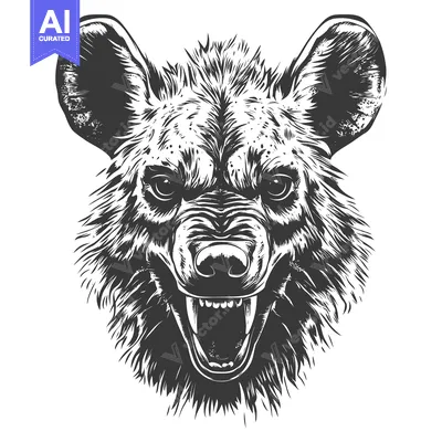 Aset desain premium: A Detailed Black and White Illustration of a Hyena's Head with a Feroc