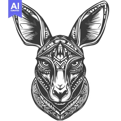 Premium design asset: A Detailed Black and White Illustration of a Kangaroo's Head with Trib