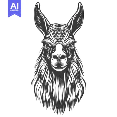 Aset desain premium: A Detailed Black and White Illustration of a Llama's Head with Tribal