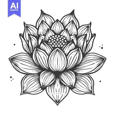 Aset premium populer: A Detailed Black and White Illustration of a Lotus Flower with Multipl