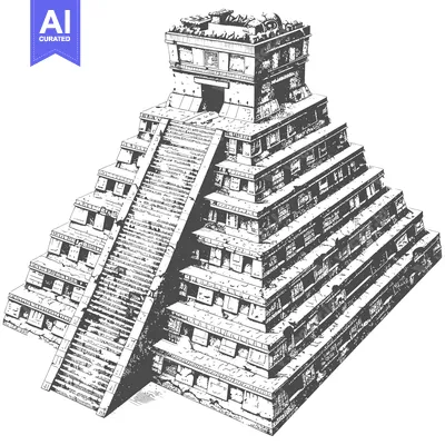 Popular premium asset: A Detailed Black and White Illustration of a Mayan Pyramid