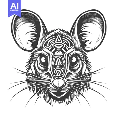 Aset desain premium: A Detailed Black and White Illustration of a Mouse's Head with Geometr