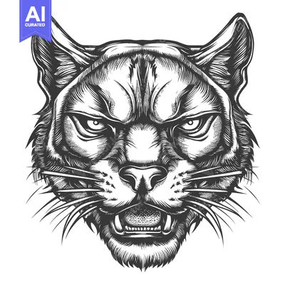 Popular premium asset: A Detailed Black and White Illustration of an Angry Cat's Head