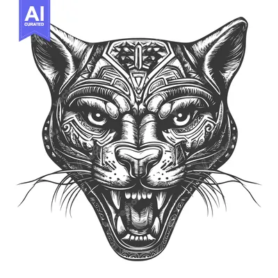 Premium design asset: A Detailed Black and White Illustration of a Panther's Head with Geome